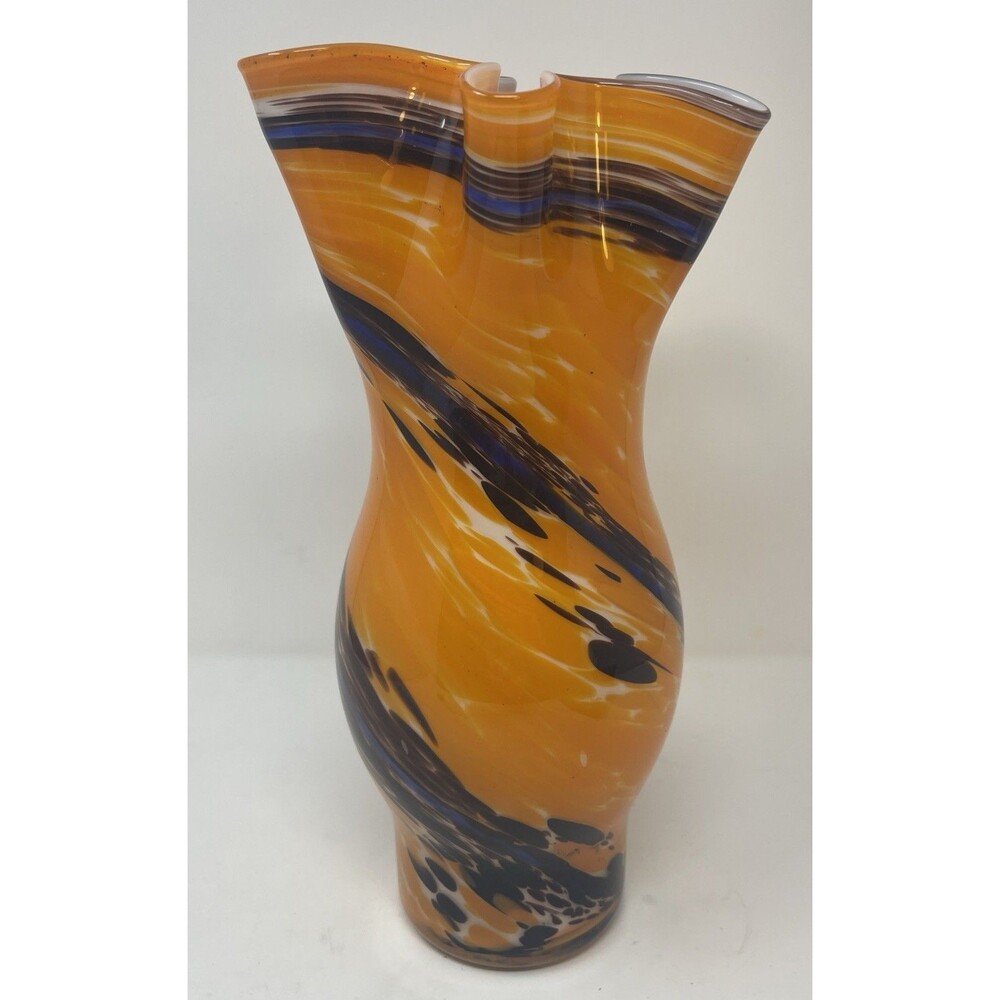 Vintage Art Glass Murano-Style Vase, Orange, Black Purple 12 Inches